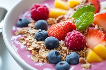 Wall Mural - Close-up of a healthy smoothie bowl with fresh fruits and granola, vibrant colors, nutritious and appealing