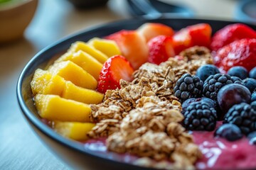 Wall Mural - Close-up of a healthy smoothie bowl with fresh fruits and granola, vibrant colors, nutritious and appealing