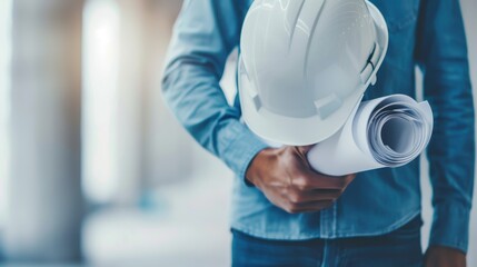 Close-up of an engineer holding a white hard hat and rolled blueprints, wearing a denim shirt, while standing at a construction site, symbolizing planning and construction.