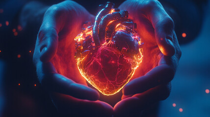 The human heart shines in the hands of a doctor.