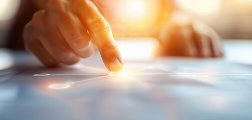 Poster - A close-up of a hand gently touching a surface, representing interaction, innovation, and technology in a modern setting.