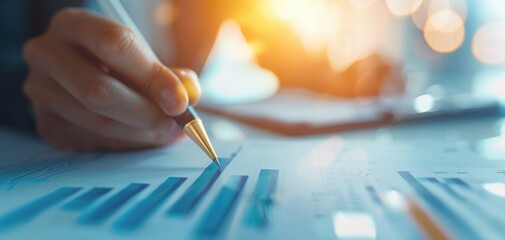 Poster - A close-up of a hand holding a pen, writing on a financial report with graphs, symbolizing business success and analysis.