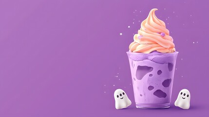 Wall Mural - A whimsical purple ice cream treat topped with pink swirls and playful ghost figures on a vibrant background.