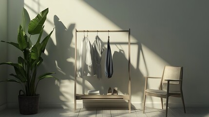 A minimalist interior with a wooden clothes rack holding two white shirts and a dark blue blazer. A wicker chair sits on the right, with a large plant in a woven basket on the left. 