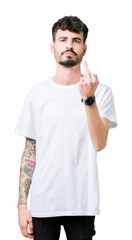 Sticker - Young handsome man wearing white t-shirt over isolated background Showing middle finger, impolite and rude fuck off expression