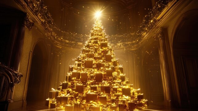 A stunning golden Christmas tree made entirely from golden gift boxes, glowing brightly in a luxurious holiday setting