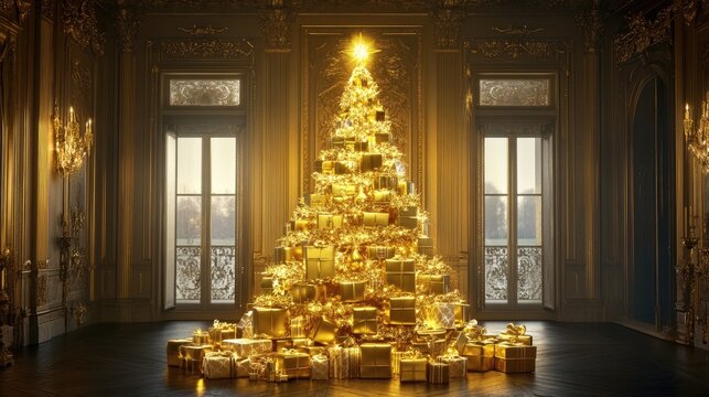 A stunning golden Christmas tree made entirely from golden gift boxes, glowing brightly in a luxurious holiday setting