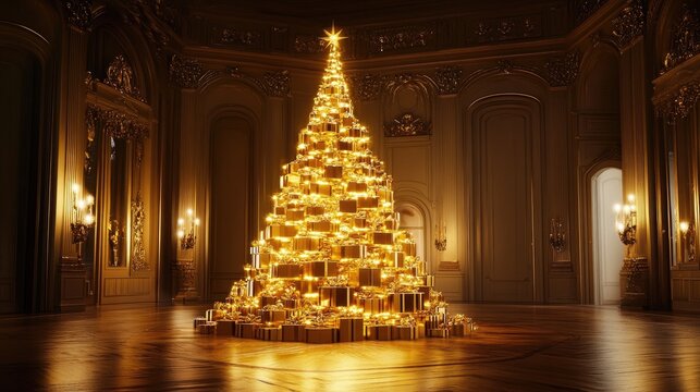 A stunning golden Christmas tree made entirely from golden gift boxes, glowing brightly in a luxurious holiday setting