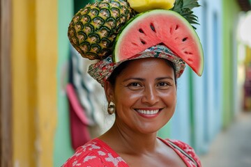 Smiling woman in colorful traditional clothing carrying fruit on her head in Cartagena street