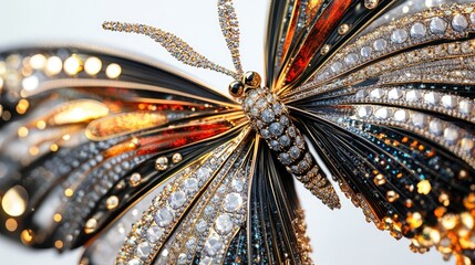 Abstract close-up of a large butterfly with wings beautifully adorned in sparkling diamonds and luxurious jewelry, set on a white background