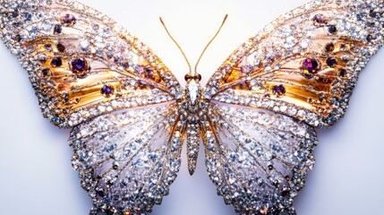 Abstract close-up of a large butterfly with wings beautifully adorned in sparkling diamonds and luxurious jewelry, set on a white background