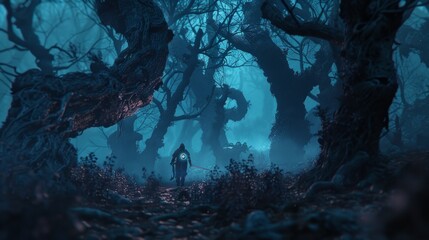 Imagine a dark and eerie haunted forest where the trees are twisted and the air is filled with whispers of lost souls. 