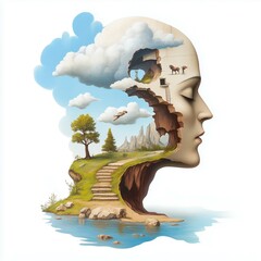 Wall Mural - Surreal Landscape Inside Human Head with Sky and Mountains