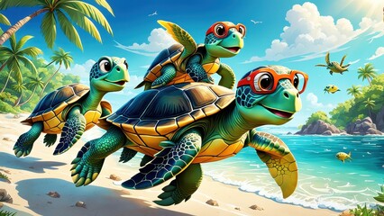 Three cartoon turtles wearing glasses playfully run along a beach with a vibrant background.