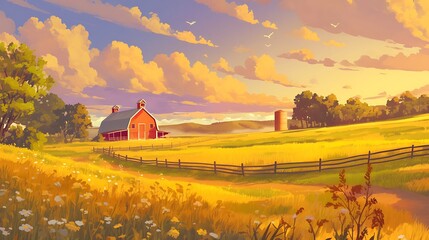 Wall Mural - Red Barn in a Golden Field at Sunset