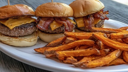 A close-up view of three delicious mini burgers with cheddar cheese and bacon, perfectly arranged on a white plate next to crispy sweet potato fries. The image showcases a detailed composition with na