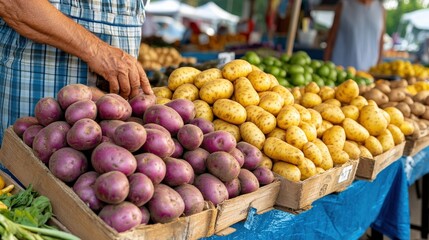 Wall Mural - A display of vibrant potatoes (Solanum tuberosum) at a local farmer market