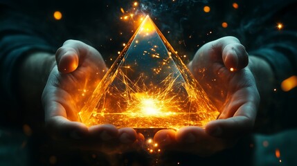 Poster - Hands holding a glowing pyramid emitting sparks and light against a dark background in a mystical setting