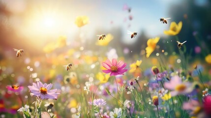 A field of vibrant wildflowers with bees buzzing around them in the warm sunlight.