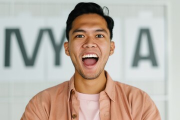 close-up portrait of an excited young man in casual attire, smiling widely with an open mouth, stand