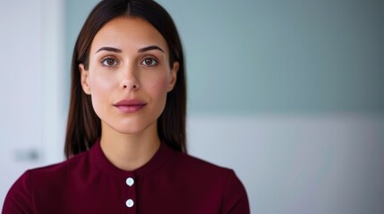 Poster - Close-up portrait of a young businesswoman with wavy hair, exuding confidence, standing in a modern office setting with a blurred background.