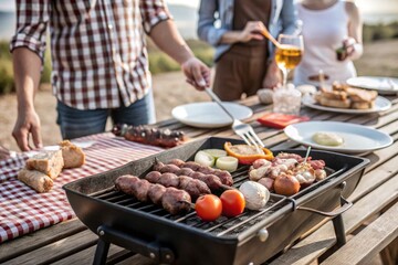 Making barbeque kebab during picnic, picnic cooking 