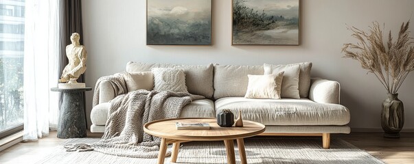 Cozy living room with light gray sofa, coffee table, and interior decor in natural sunlight