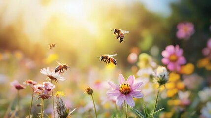 Wall Mural - Bees flying over a field of colorful flowers with a blurred sunset background.