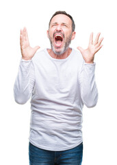 Wall Mural - Middle age hoary senior man wearing white t-shirt over isolated background crazy and mad shouting and yelling with aggressive expression and arms raised. Frustration concept.