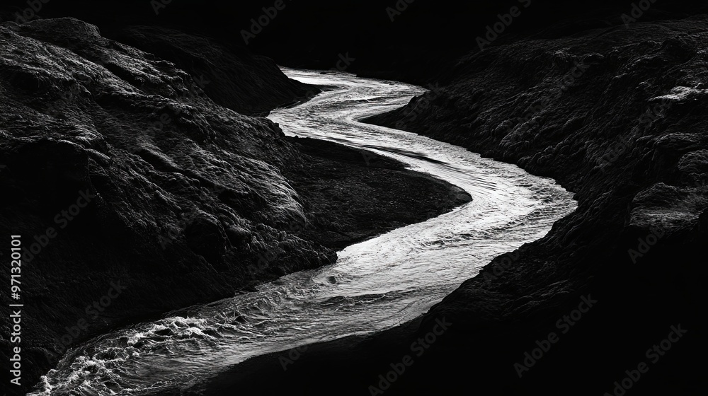 Dynamic black and white photo of a winding river through a rugged ...