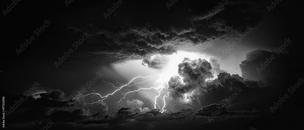 Bold black and white image of a dramatic storm with lightning bolts ...