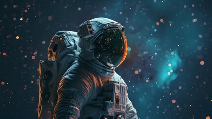 Wall Mural - an astronaut in a silver suit stands on a blue planet gazing into a colorful cosmos, evoking a peace