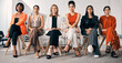 © peopleimages.com - Women, portrait and fashion designer with row for interview, career or job opportunity at modeling agency. Group, diversity and female person with styling team in line for runway castings at studio