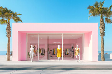 A front view of an ultra-modern minimalist store facade with pink walls and white-framed windows, featuring mannequins wearing summer in the window display. 