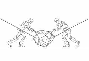 Wall Mural - one line drawing of two men pulling on the same rope, each trying to get their hands around an em settlements diamond in between them. simple minimalistic vector art style. white background. one color