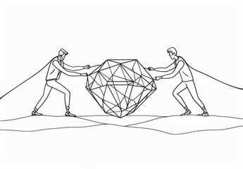 Wall Mural - one line drawing of two men pulling on the same rope, each trying to get their hands around an em settlements diamond in between them. simple minimalistic vector art style. white background. one color