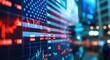 © SKIMP Art - A stock market display showing the U.S. flag and financial data, with numbers in English on it The background is blurred to highlight details of an American wallpaper design with the U.S Generative AI