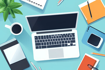 Poster - A workspace featuring a laptop, coffee, stationery, and a plant, ideal for productivity.