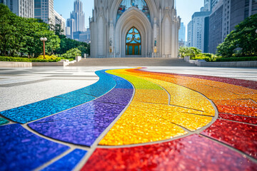 Wall Mural - A rainbow mosaic is on the ground in front of a church