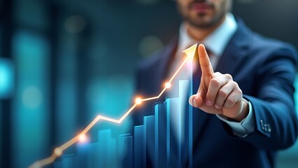 Wall Mural - businessman pointing to a glowing upward trend line, symbolizing growth and success in business stra