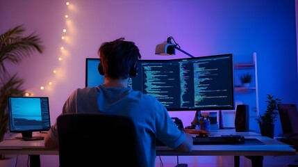 Tech-Savvy Workspace with Programmer at Desk.