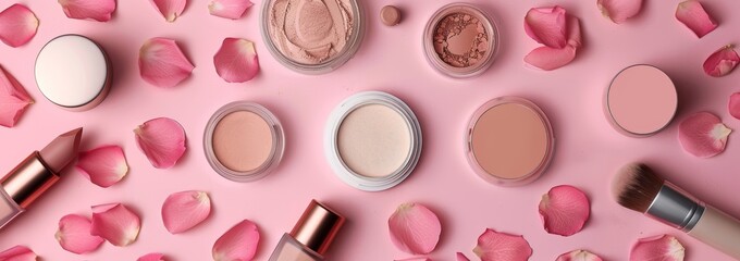 The pink background features various makeup products such as blush, foundation and eye shadow. There are also some rose petals scattered around the scene to add beauty to it. The photo was taken from 