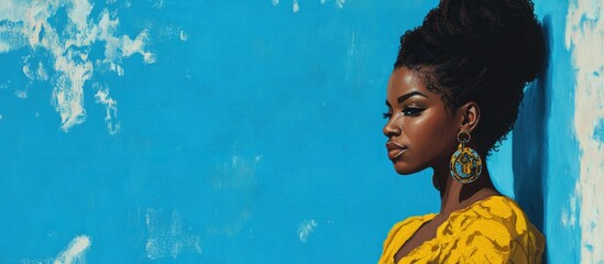 A thoughtful young black woman leans against a blue wall gazing reflectively at the street with a contemplative expression Portrait of an African American woman in her twenties