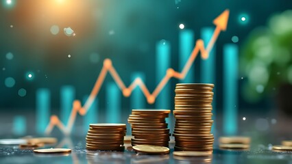 Poster - Coins with upward arrows and financial charts overlay, symbolizing growth in investment and economic trends. Ideal for finance and business themes.