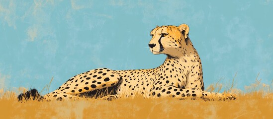 A cheetah rests on the grass