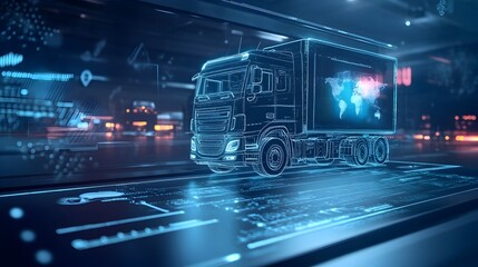 Poster - futuristic digital interface controlling a global network of truck logistics and cargo delivery syst