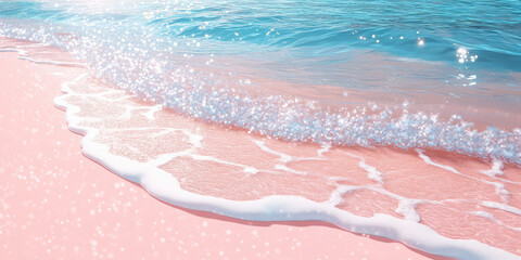 Wall Mural - Shining sunny coastline with pink sand and texture of crystal clear sea water, foam and waves. Summer background with copy space