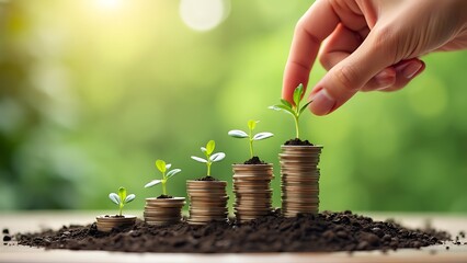 Poster - Hand placing a coin atop a stack of coins, with small plants emerging from each stack, symbolizing growth through investment and sustainability. Ideal for finance and eco-friendly themes.