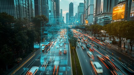 Poster - aerial view of a futuristic digital city with skyscrapers,blurred traffic flow,and interconnected in