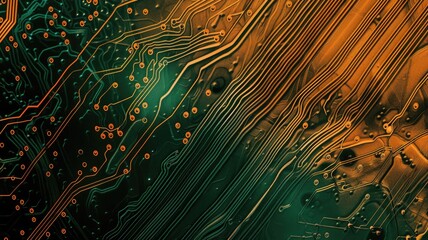 abstract green and orange digital network with glowing particles. digital image of vibrant green and